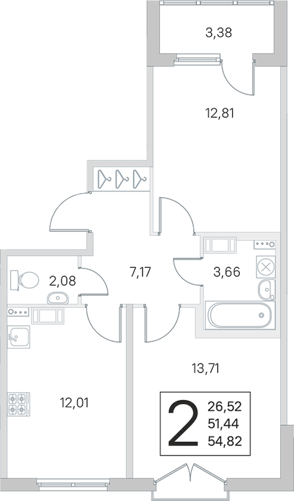 2-комнатная квартира 51.44 м², 4/4 эт., ЖК «Любоград в Стрельне»